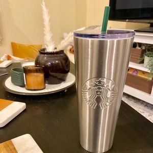 Silver metal Starbucks cup with straw and lid. 24 oz great condition!